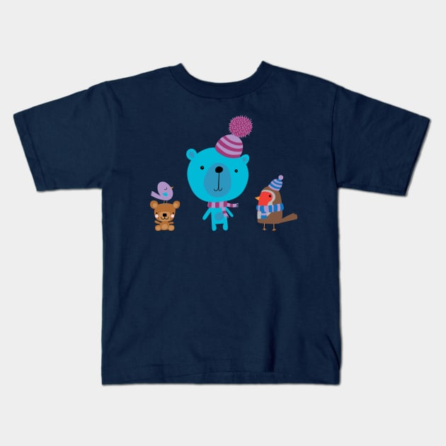 Cute Christmas Friends - Bear, Robin and Bird - Christmas design by Cecca Designs Kids T-Shirt by Cecca